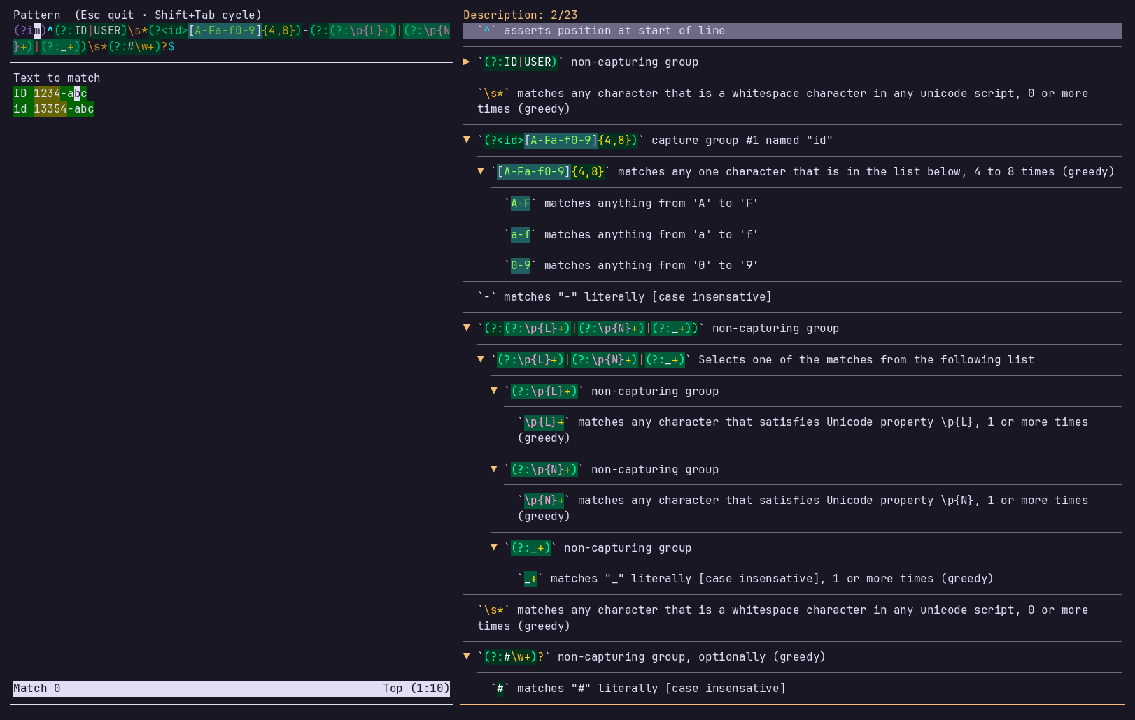 regexplain - A TUI for explaining and visualizing regular expressions, a regex101 for your shell.