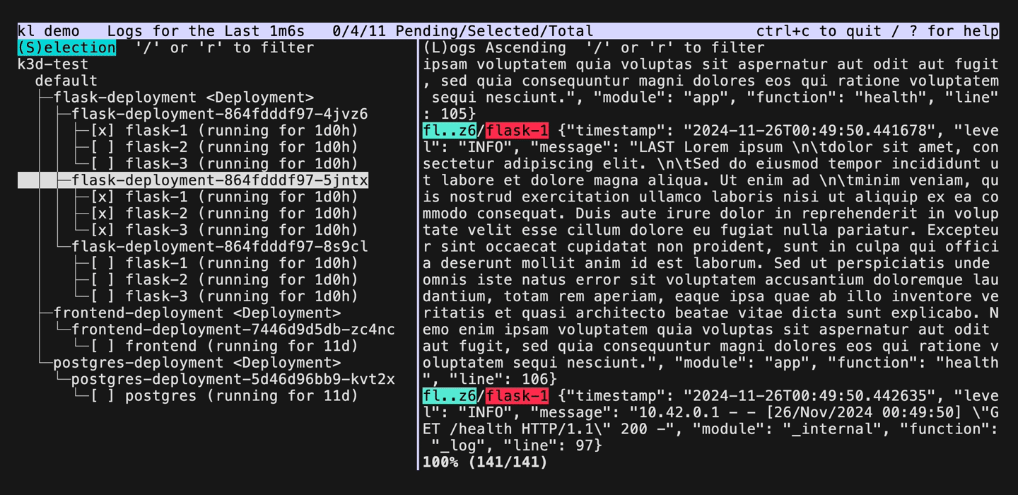 kl - An interactive Kubernetes log viewer for your terminal.