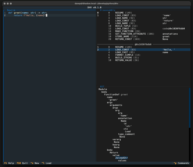 dhv - A TUI for visually exploring disassembled Python bytecode.