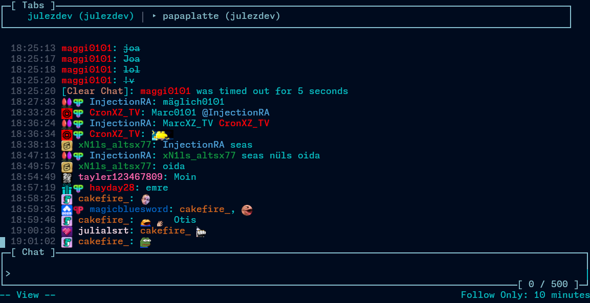 chatuino - A feature rich TUI Twitch chat client.