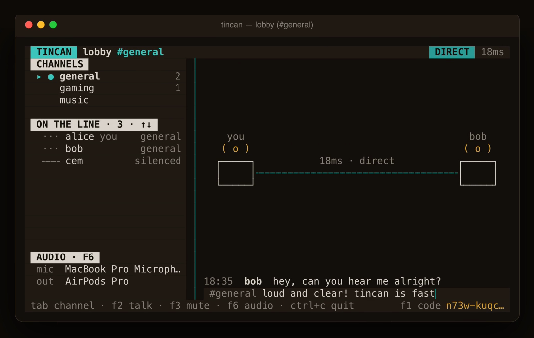 tincan - Serverless peer-to-peer voice and text chat for your terminal.