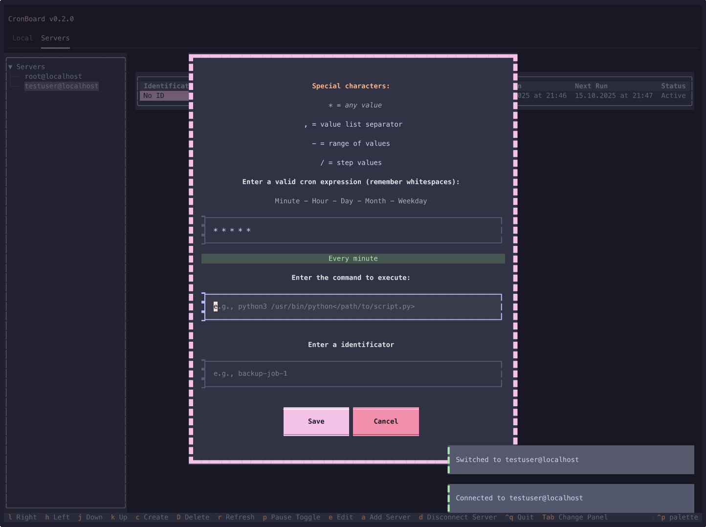 cronboard - A terminal tool for managing cron jobs locally and on servers.