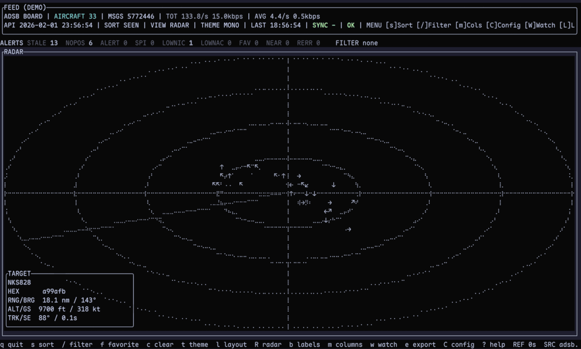 adsb-tui - A modern terminal user interface for tracking aircraft using ADS-B data.