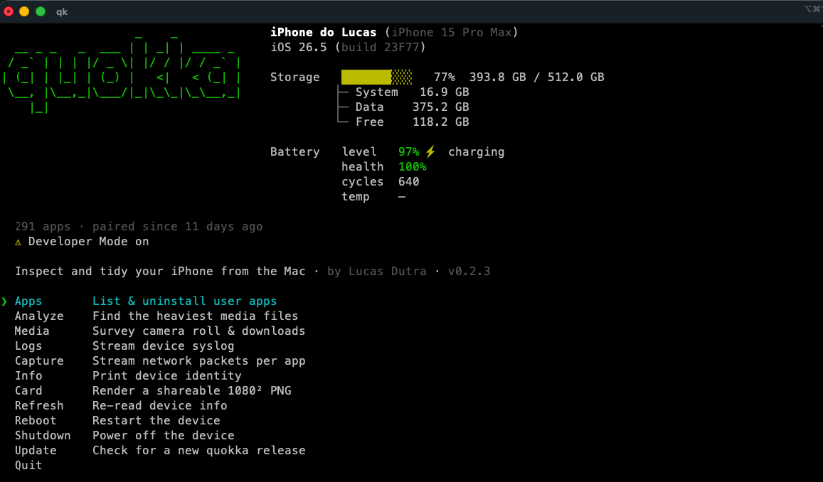 quokka - Inspect and clean iOS / Android devices over USB from your terminal.