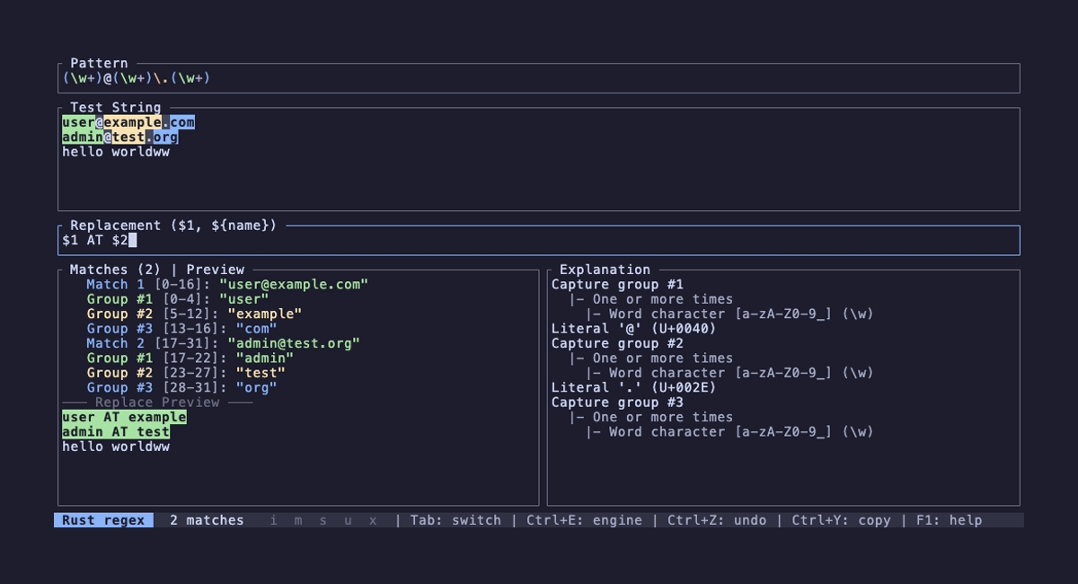 rgx - A terminal regex tester with real-time matching and multi-engine support.