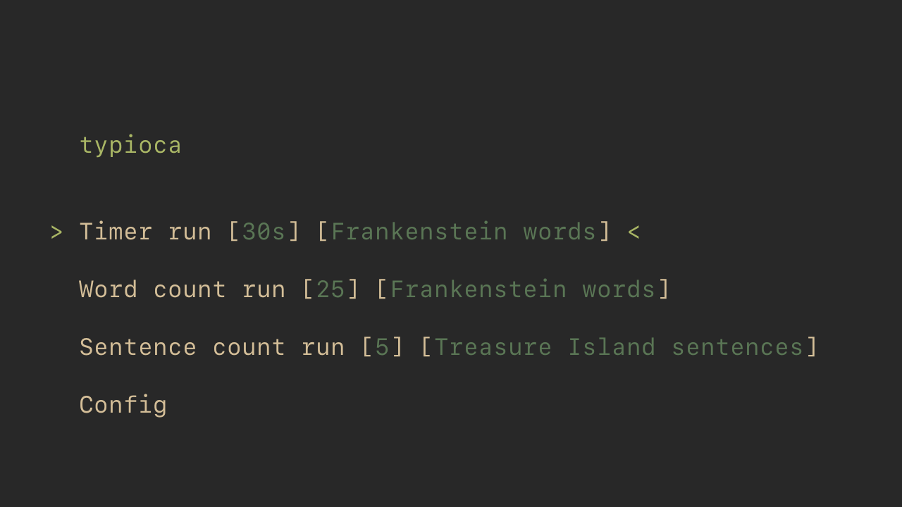 typioca - Cozy typing speed tester in terminal.