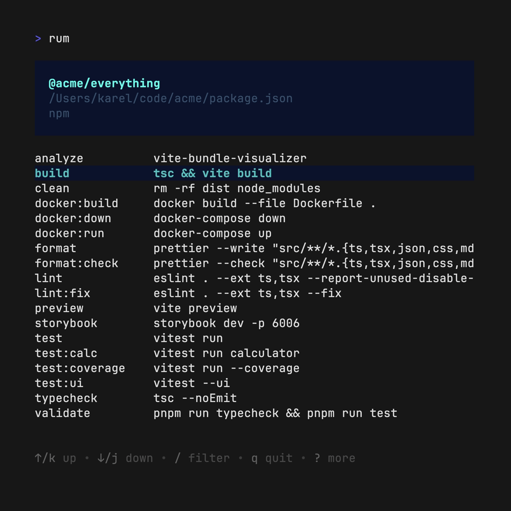 rum - A TUI to list, search and run package.json scripts.