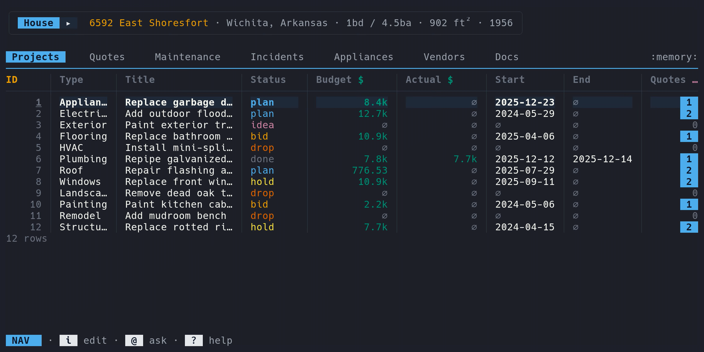 micasa - A terminal UI for tracking everything about your home.