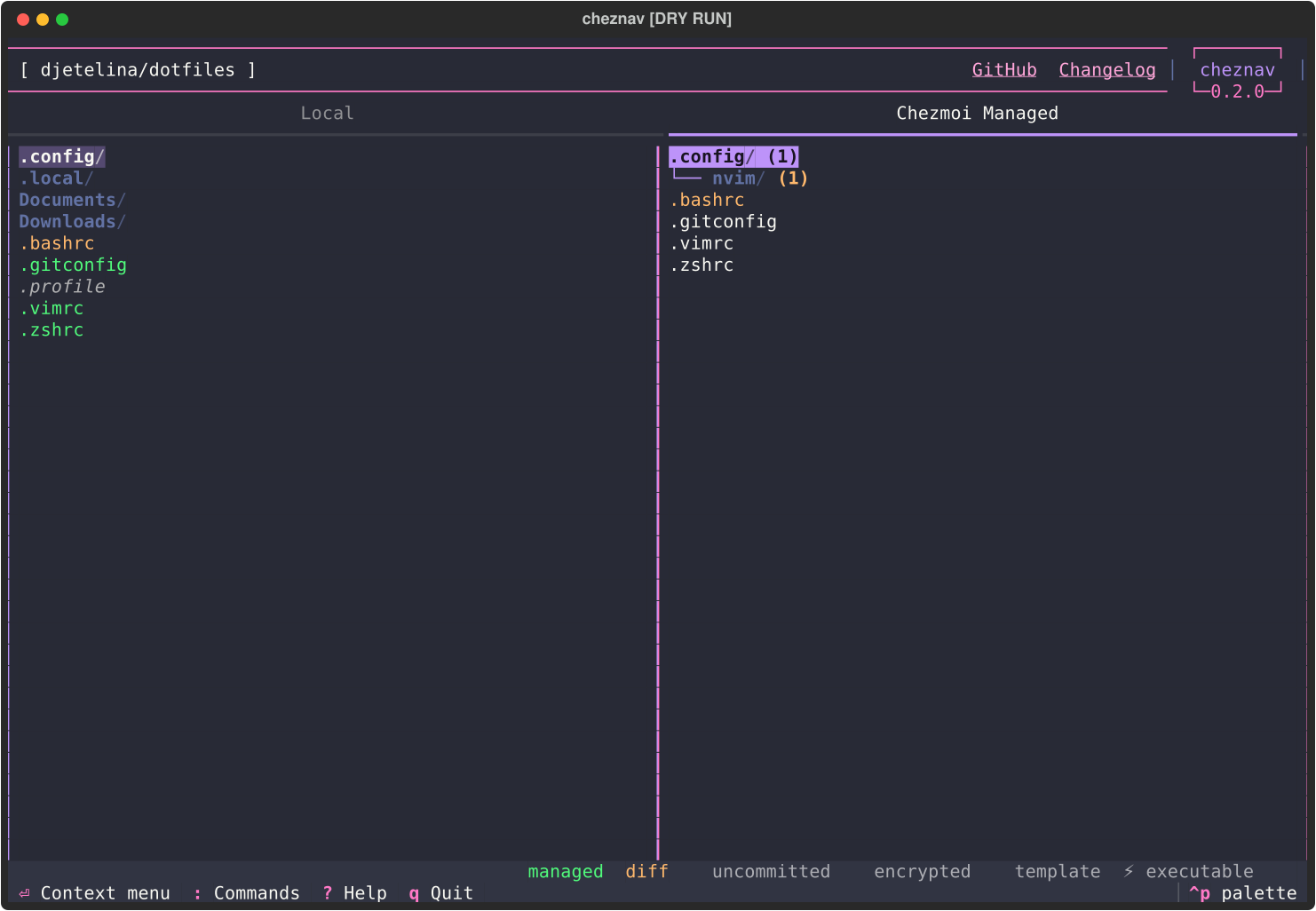 cheznav - A TUI for managing chezmoi dotfiles.