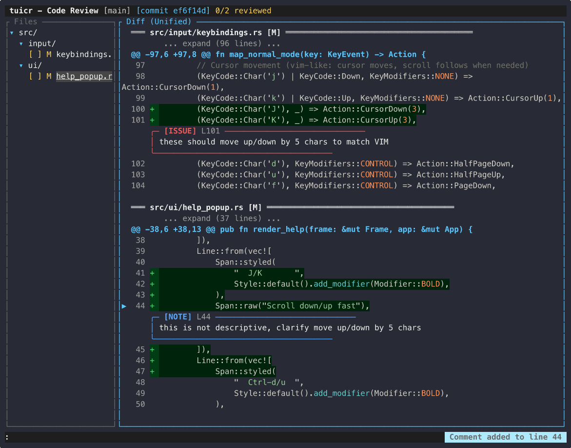 tuicr - A human-in-the-loop code review tool in the terminal.