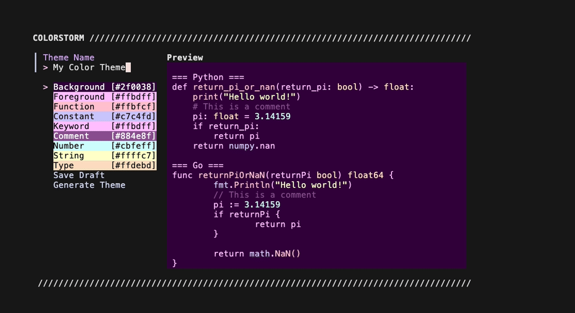 colorstorm - A TUI to generate color themes for Vim, VSCode, and Sublime Text.