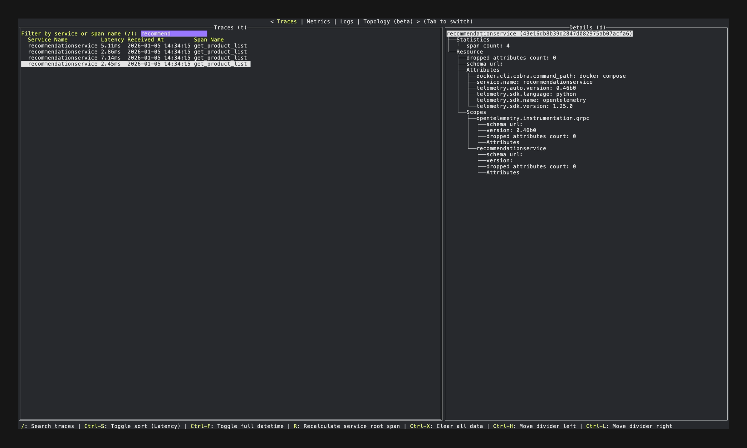 otel-tui - A terminal OpenTelemetry viewer.