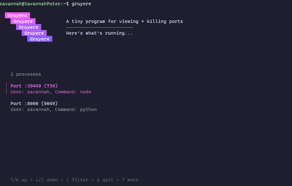 gruyere - A tiny (and pretty) program for viewing + killing listening ports.
