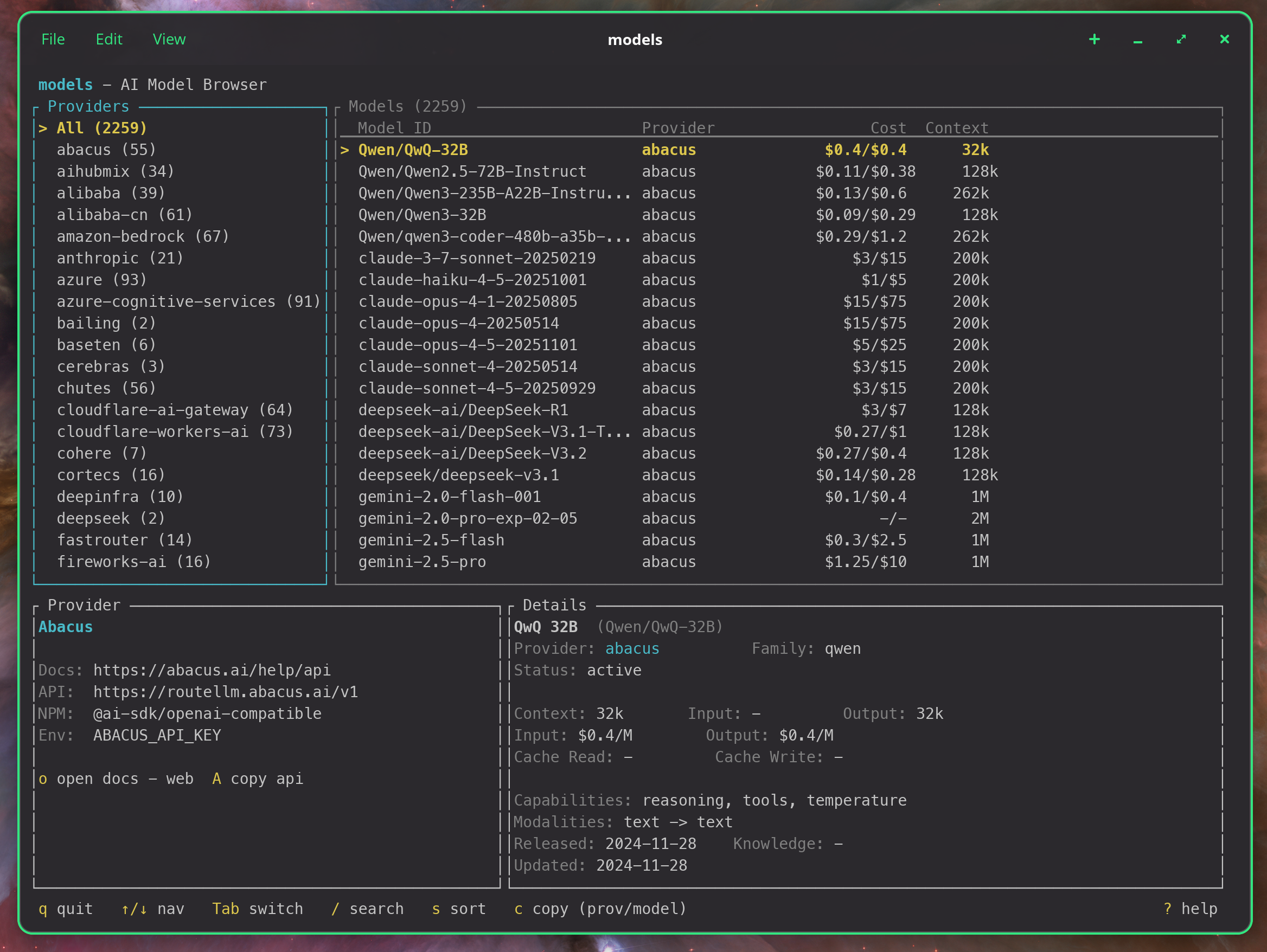 models - A fast CLI and TUI for browsing AI models and coding agents.