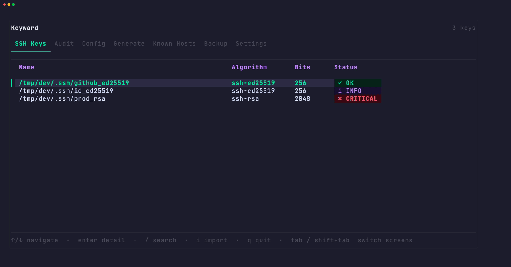 keyward - A TUI to manage SSH keys and audit your SSH security.