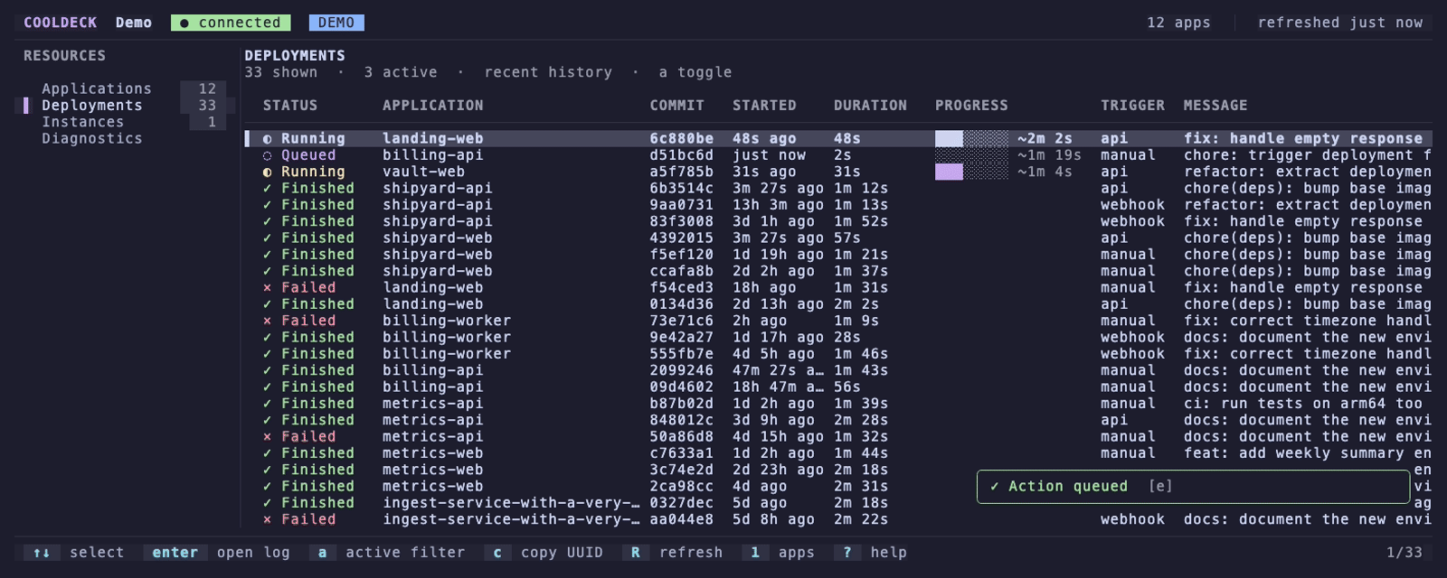 cooldeck - A keyboard first terminal dashboard for Coolify.