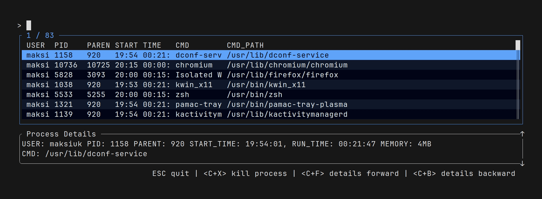 pik - A TUI for interactively stopping processes.
