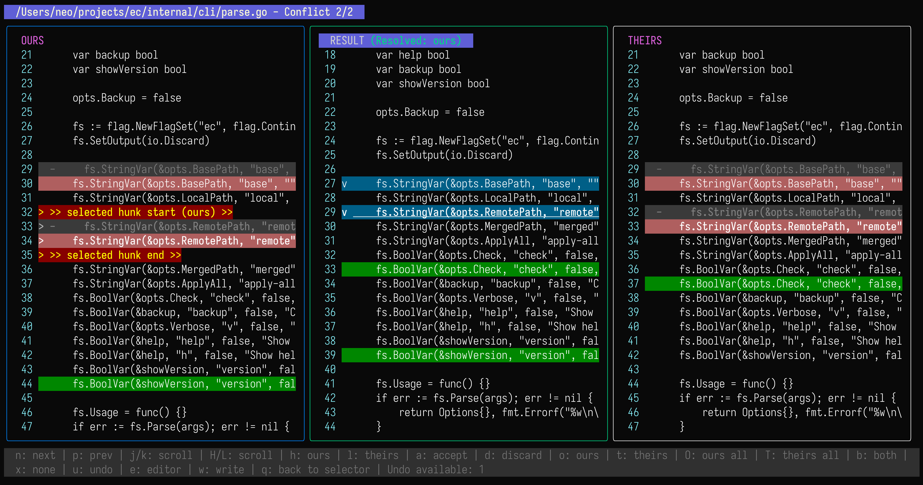 ec - An easy terminal native 3-way git conflict resolver.