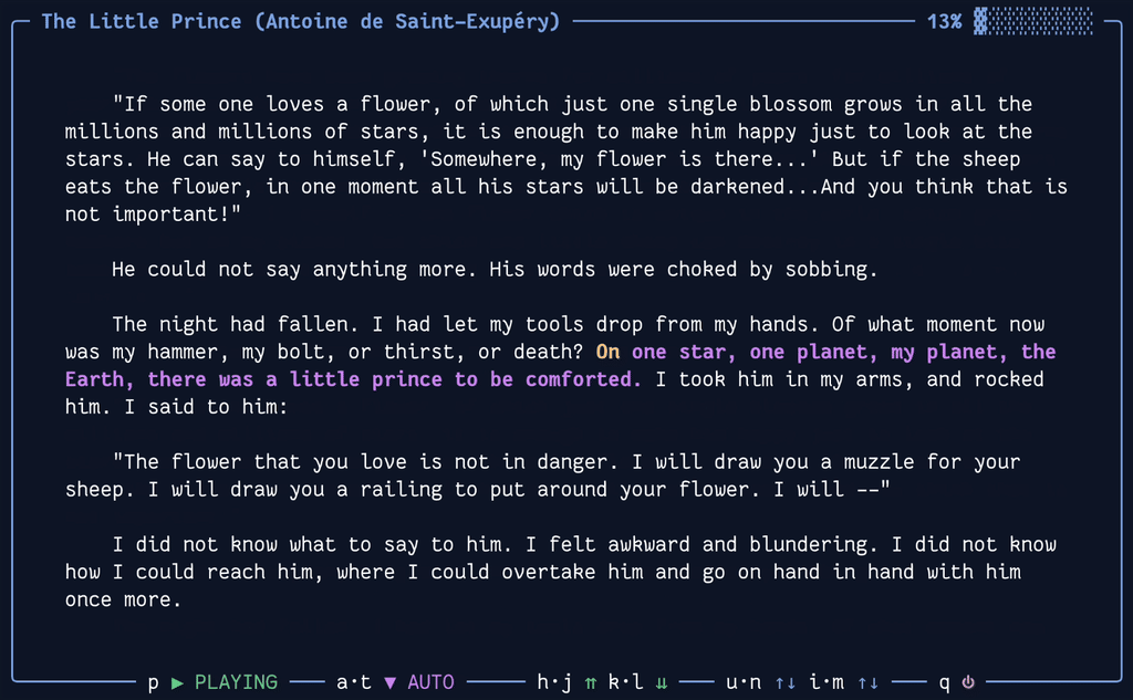 lue - A TUI ebook reader with Text-to-Speech (TTS).