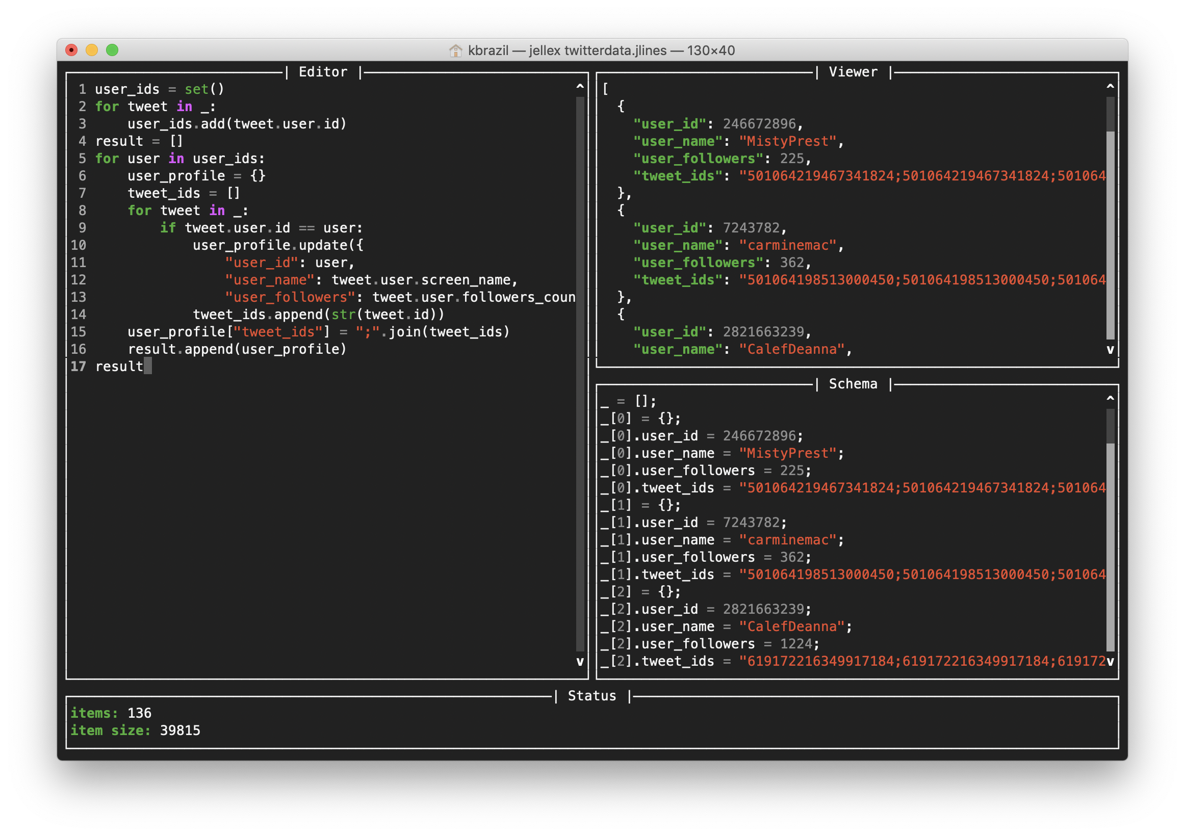 A TUI to filter JSON and JSON Lines data with Python syntax.