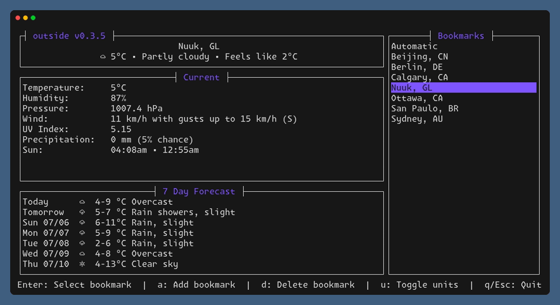 outside - A multi-purpose weather client for your terminal.