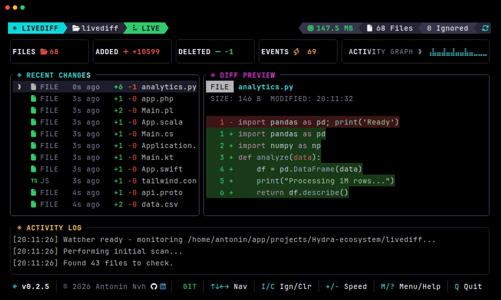 livediff - Watch file diffs live in your terminal.