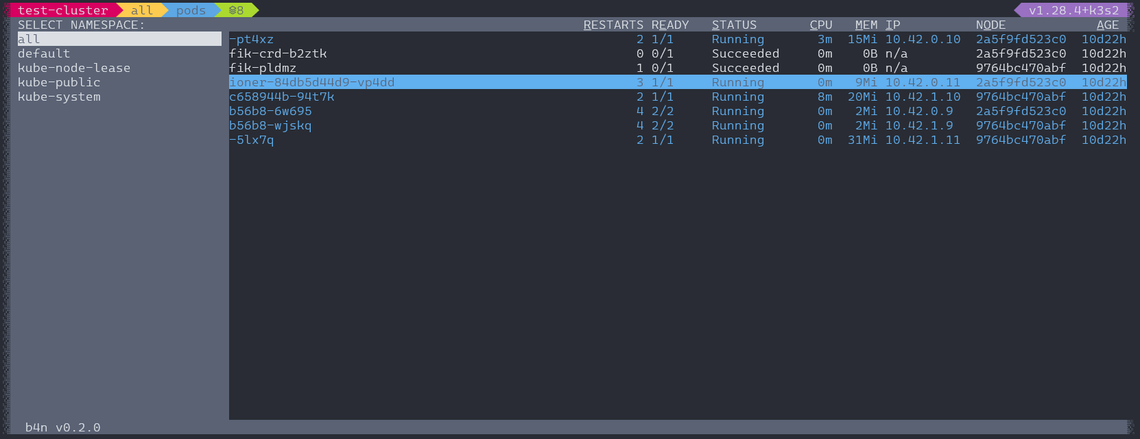 b4n - A terminal user interface (TUI) for the Kubernetes API.